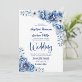 Elegant Blue Floral Wedding Kaart (Staand voorkant)