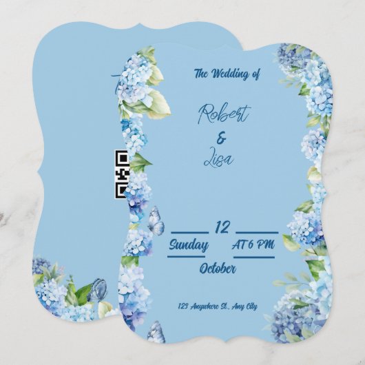 Elegant Blue Floral Wedding Kaart (Voorkant / Achterkant)