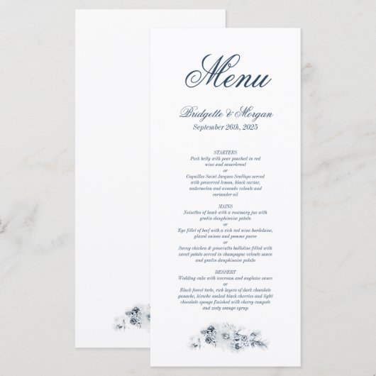 Elegant Blue Floral Wedding Menu (Voorkant / Achterkant)