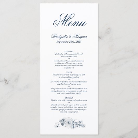 Elegant Blue Floral Wedding Menu (Voorkant)