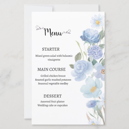 Elegant Blue Floral Wedding Menu (Voorkant)