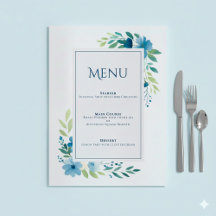Elegant Blue Floral Wedding Menu Kaart