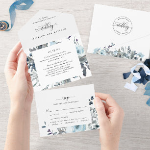 Elegant Blue Floral Wedding met geperforeerde RSVP All In One Uitnodiging