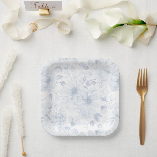 Elegant Blue Floral Wedding Paper Plate Papieren Bordje (Huwelijk)