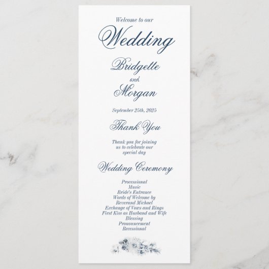 Elegant Blue Floral Wedding Programmakaart (Voorkant)