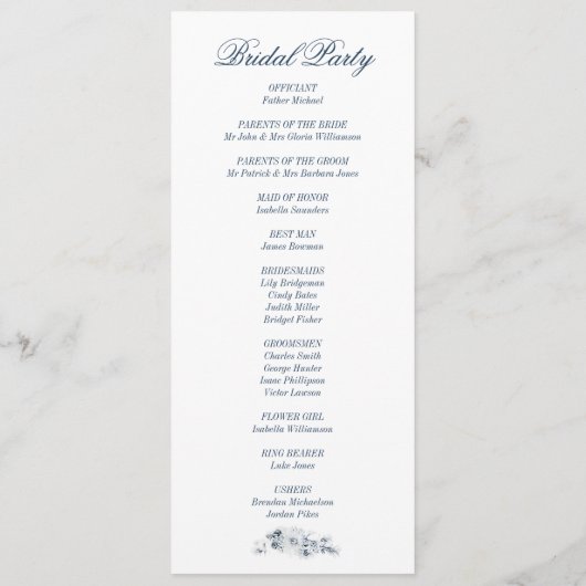 Elegant Blue Floral Wedding Programmakaart (Achterkant)