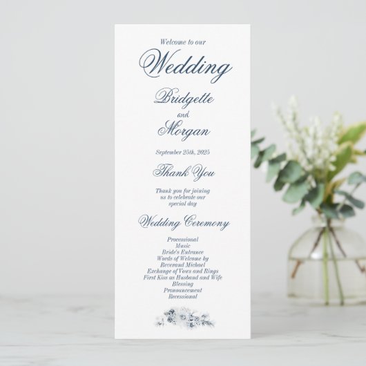 Elegant Blue Floral Wedding Programmakaart (Staand voorkant)