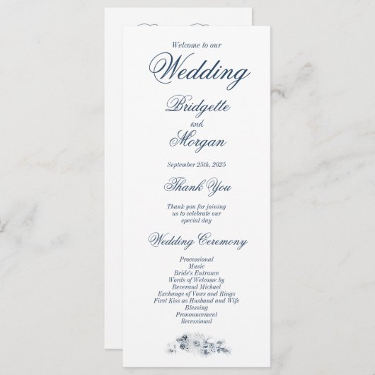 Elegant Blue Floral Wedding Programmakaart (Voorkant / Achterkant)