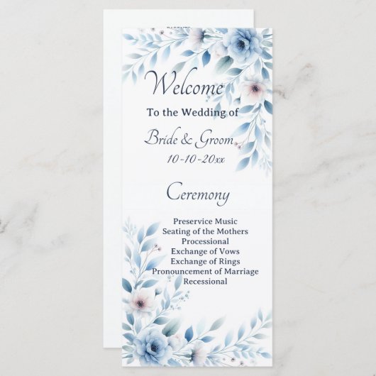 Elegant Blue Floral Wedding Programmakaart (Voorkant / Achterkant)