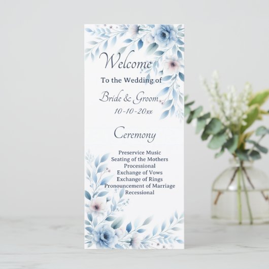 Elegant Blue Floral Wedding Programmakaart (Staand voorkant)