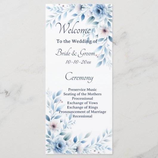 Elegant Blue Floral Wedding Programmakaart (Voorkant)
