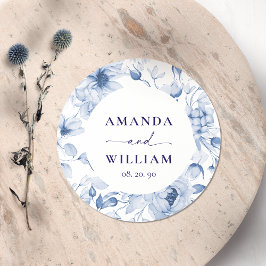 Elegant Blue Floral Wedding Ronde Sticker