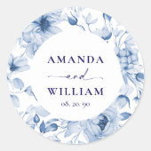 Elegant Blue Floral Wedding Ronde Sticker (Voorkant)