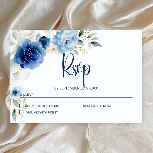 Elegant Blue Floral Wedding RSVP Kaartje