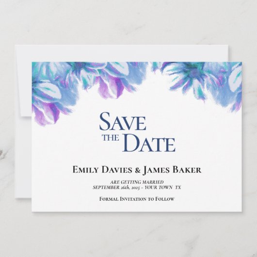 Elegant Blue Floral Wedding Save the Date (Voorkant)