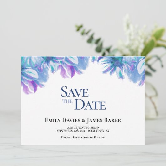 Elegant Blue Floral Wedding Save the Date (Staand voorkant)
