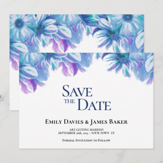 Elegant Blue Floral Wedding Save the Date (Voorkant / Achterkant)
