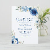 Elegant Blue Floral Wedding Save the Date Kaart (Staand voorkant)