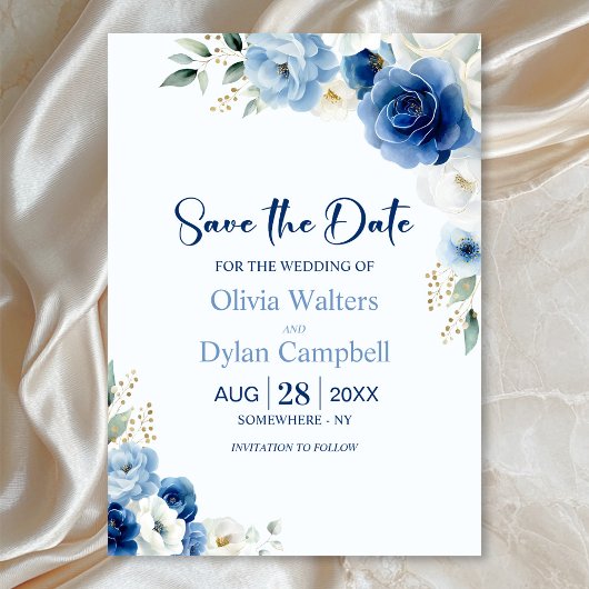 Elegant Blue Floral Wedding Save the Date Kaart