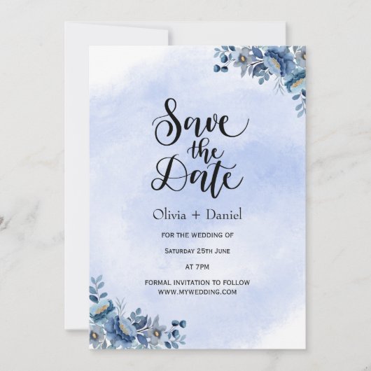 Elegant Blue Floral Wedding Save the Date Kaart (Voorkant)