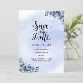 Elegant Blue Floral Wedding Save the Date Kaart
