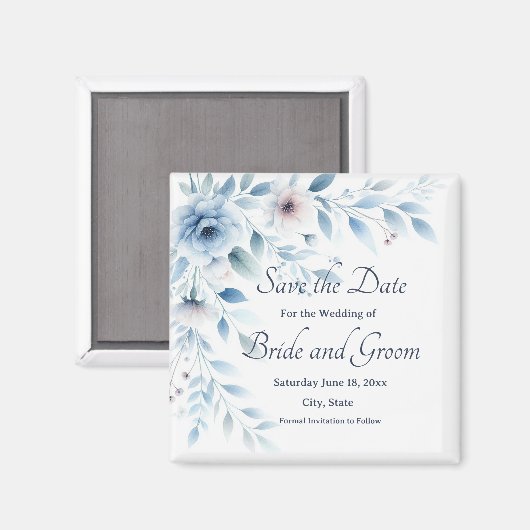 Elegant Blue Floral Wedding Save the Date Magnet (Voorkant / Achterkant)