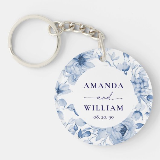 Elegant Blue Floral Wedding Sleutelhanger (Voorkant)