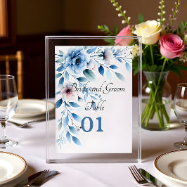 Elegant Blue Floral Wedding Table Card Kaart