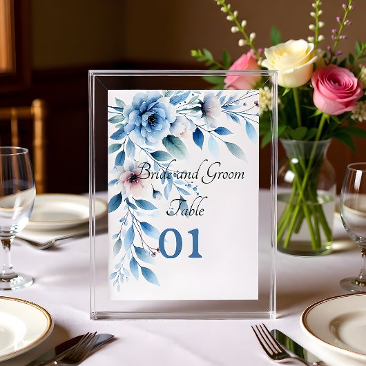 Elegant Blue Floral Wedding Table Card Kaart