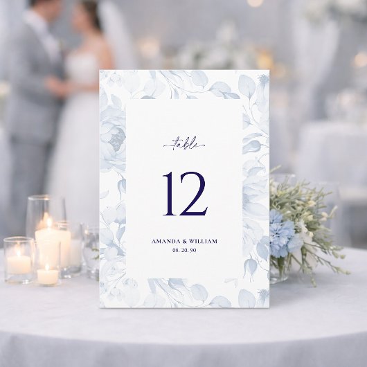 Elegant Blue Floral Wedding Table Number Card Kaart