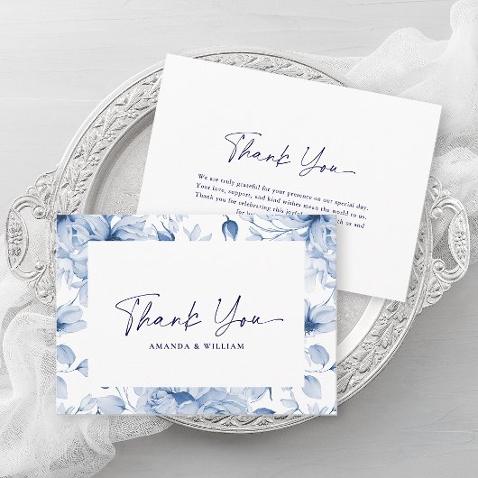 Elegant Blue Floral Wedding Thank You Card Bedankkaart