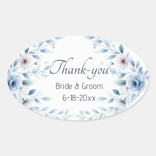 Elegant Blue Floral Wedding Thank-you Sticker (Voorkant)