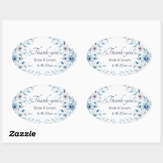 Elegant Blue Floral Wedding Thank-you Sticker (Vel)