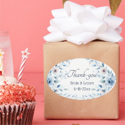 Elegant Blue Floral Wedding Thank-you Sticker (Feest)