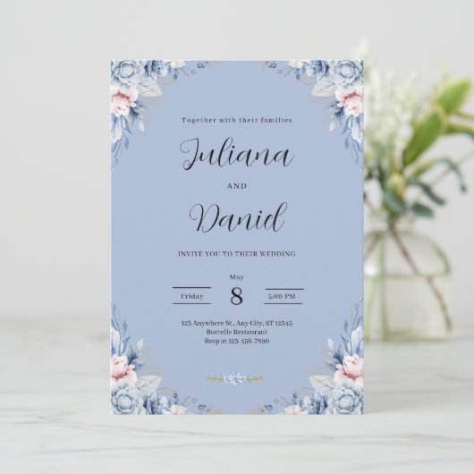 Elegant Blue Floral Wedding Tropical wedding  Kaart (Staand voorkant)