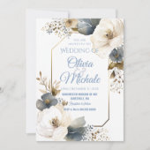 Elegant Blue Floral Wedding Waterverf Gold Lijst Kaart (Voorkant)