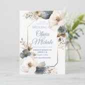 Elegant Blue Floral Wedding Waterverf Gold Lijst Kaart (Staand voorkant)