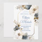 Elegant Blue Floral Wedding Waterverf Gold Lijst Kaart (Voorkant / Achterkant)