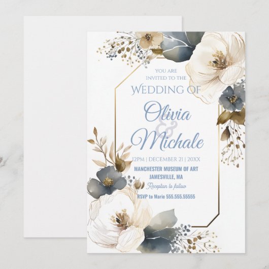 Elegant Blue Floral Wedding Waterverf Gold Lijst Kaart (Voorkant / Achterkant)