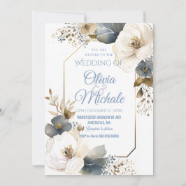 Elegant Blue Floral Wedding Waterverf Gold Lijst Kaart