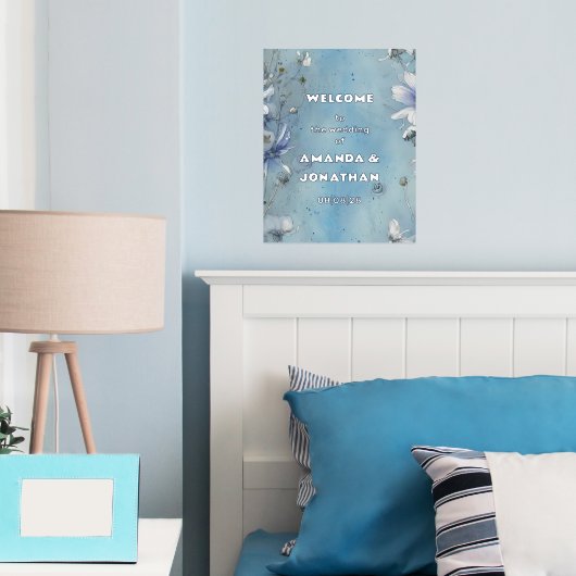 Elegant Blue Floral Wedding Welcome Folie Sign Folie Afdrukken (Insitu (Slaapkamer))