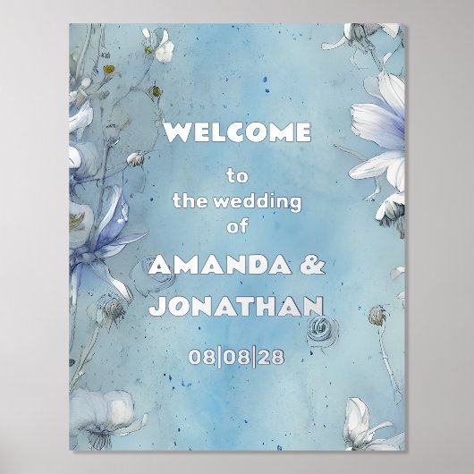 Elegant Blue Floral Wedding Welcome Folie Sign Folie Afdrukken (Voorkant)