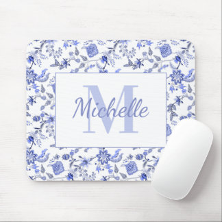 Elegant Blue Floral White Monogram Name Muismat