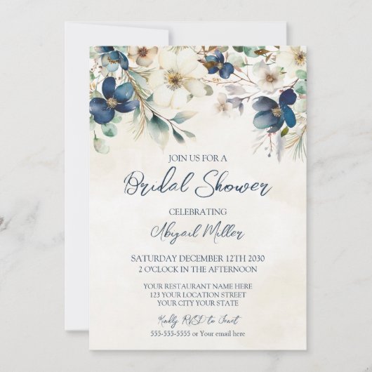 Elegant Blue Floral Winter Bridal Shower Kaart (Voorkant)