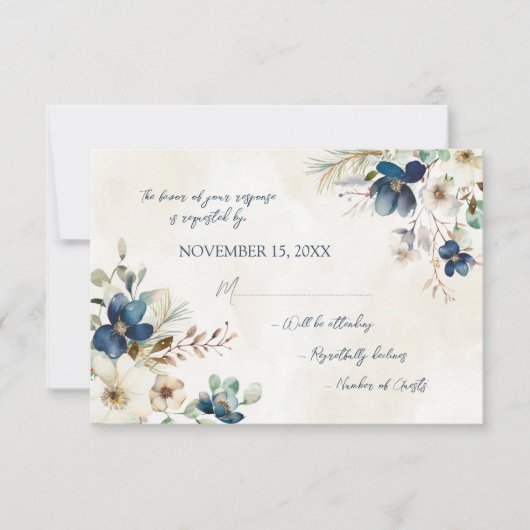 Elegant Blue Floral Winter RSVP Wedding Card (Voorkant)