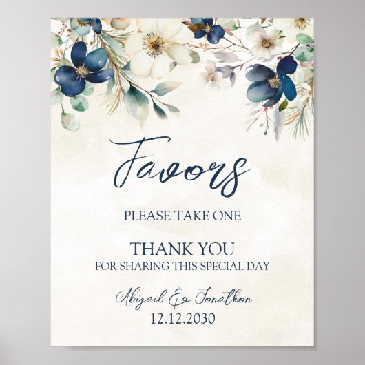 Elegant Blue Floral Winter Wedding Favors Sign Poster (Voorkant)