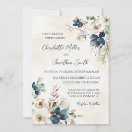 Elegant Blue Floral Winter Wedding Invitations Kaart