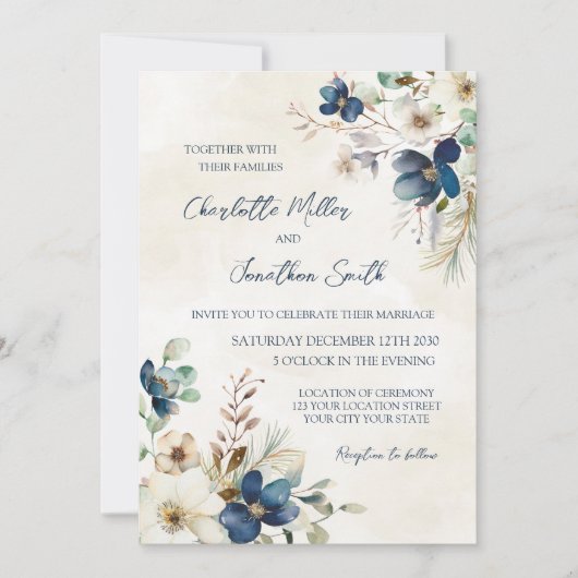 Elegant Blue Floral Winter Wedding Invitations Kaart (Voorkant)