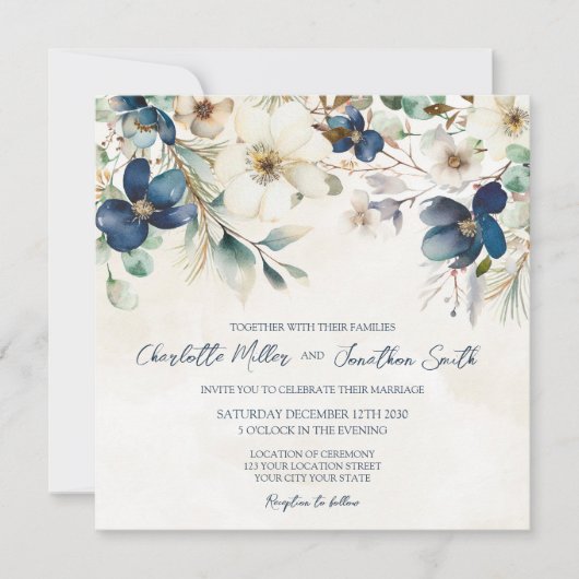 Elegant Blue Floral Winter Wedding Invitations Kaart (Voorkant)