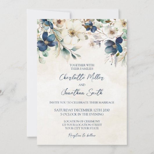 Elegant Blue Floral Winter Wedding Invitations Kaart (Voorkant)